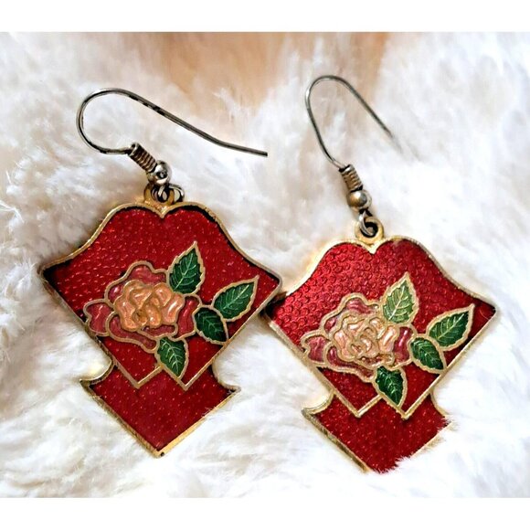 Vintage Goldtone Floral Red Enamel Cloisonne Drop Earrings - Picture 1 of 2